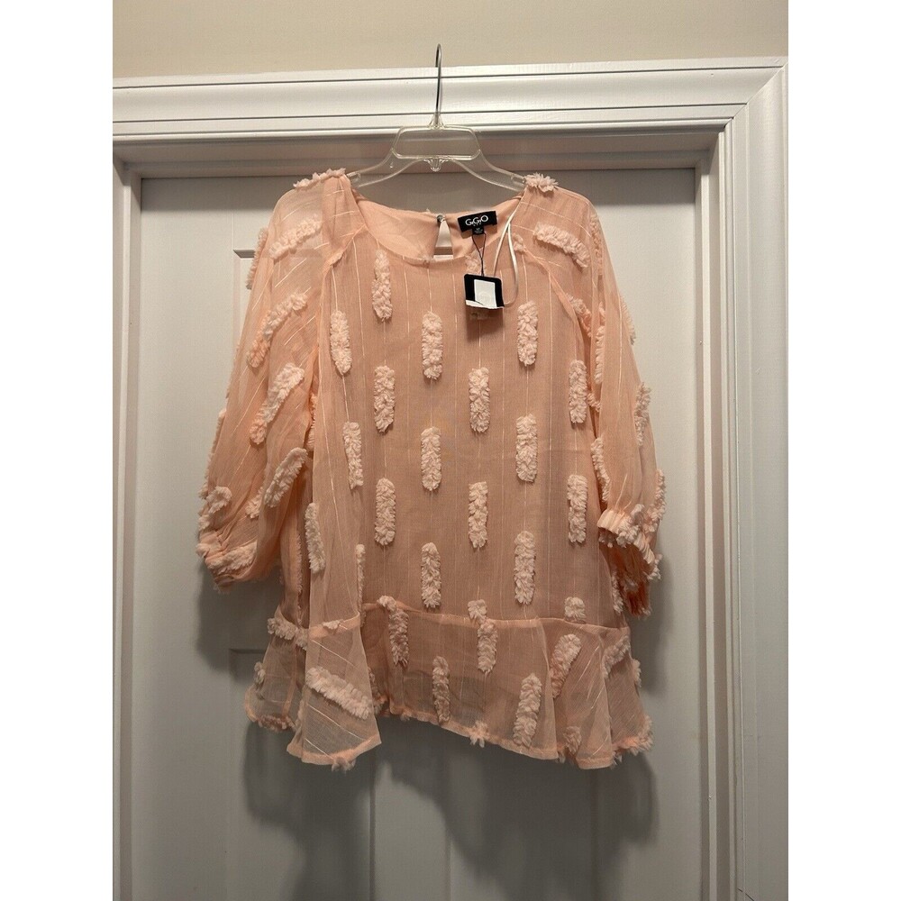 New GiGiO Women Size Medium Ruffled Pom Pom Layered Tunic Top Peach Relaxed Fit